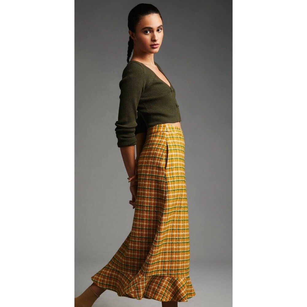 Anthropologie English Factory Midi Skirt Yellow Green Plaid Preppy Small New - Picture 8 of 15